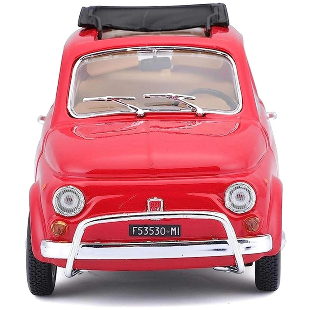 BBurago Fiat 500L 1968 die-cast vehicle with glossy red finish, silver bumper, black soft top, and transparent windows.