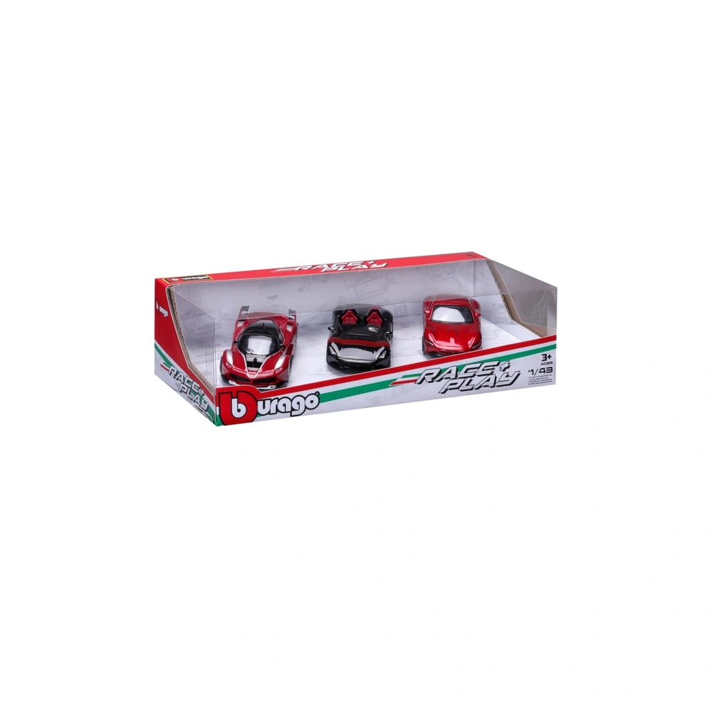 BBurago Race Play Ferrari 3 car gift pack set in red box with clear window, featuring black and white die-cast vehicles.