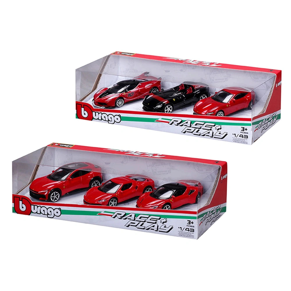 BBurago Race Play Ferrari 3 Car Gift Pack features three red die-cast toy cars in a red packaging with a transparent window.