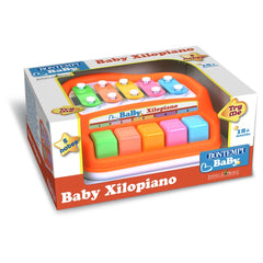 Bontempi Baby Xylopiano in colorful plastic with 18 keys, showcased in a glossy orange cardboard box with a plastic window.
