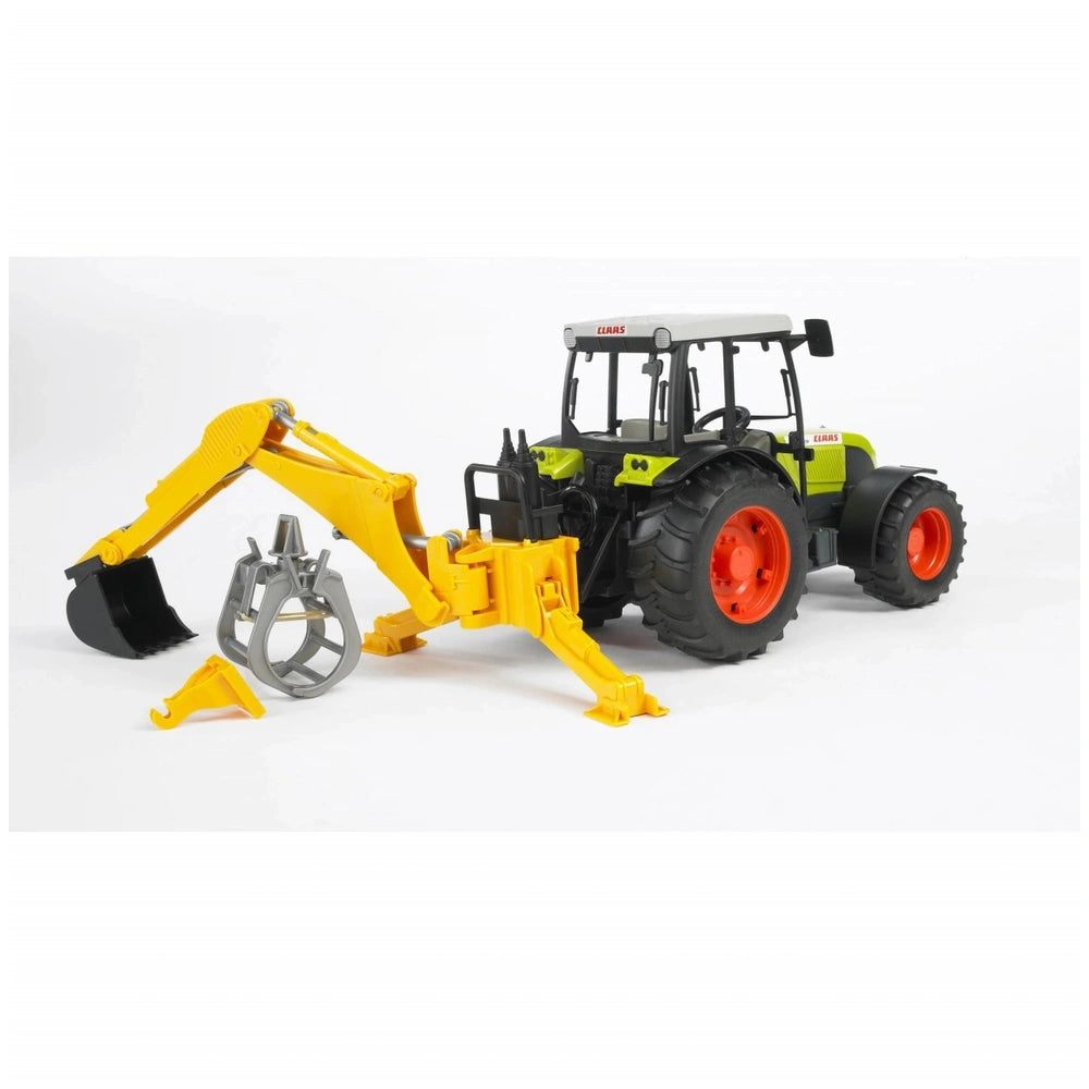 Bruder 1:16 scale tractor with yellow rear hydraulic arm and grabber, featuring large orange wheels.