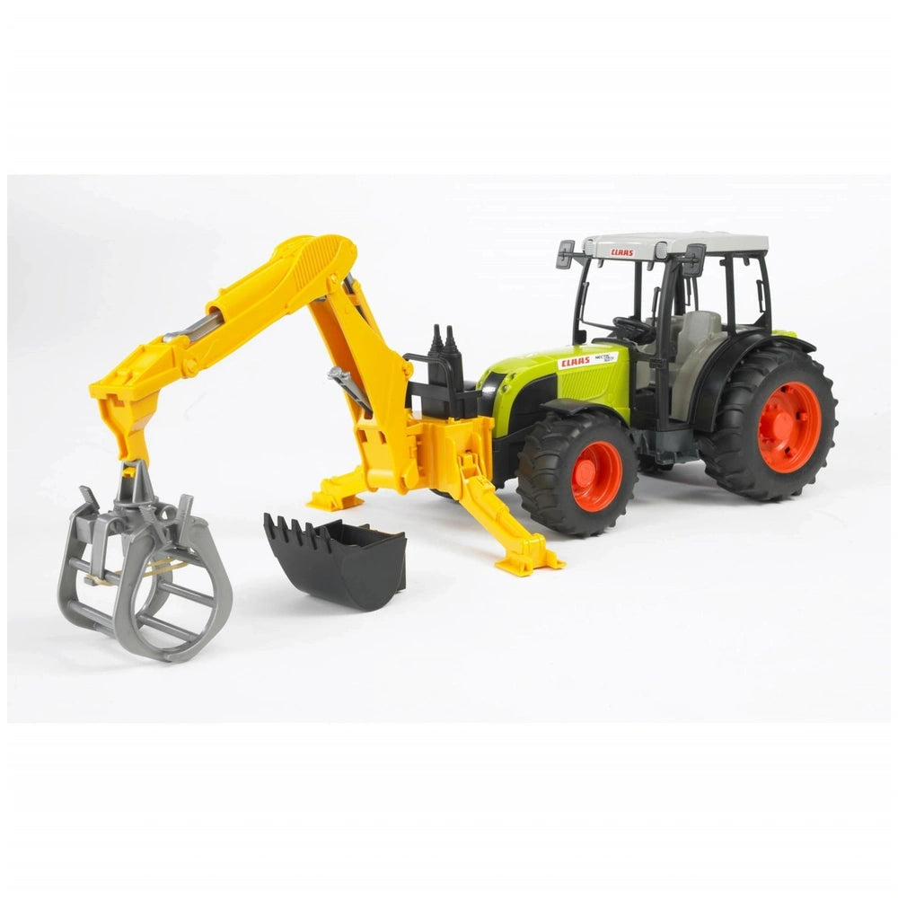 Bruder toy tractor with rear yellow hydraulic arm and interchangeable grabber and bucket, 1:16 scale.