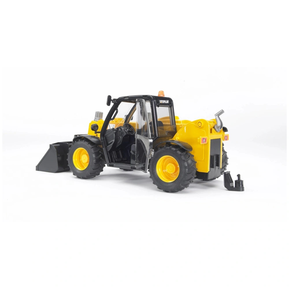Yellow and black Bruder Caterpillar telehandler toy with realistic features and open door.