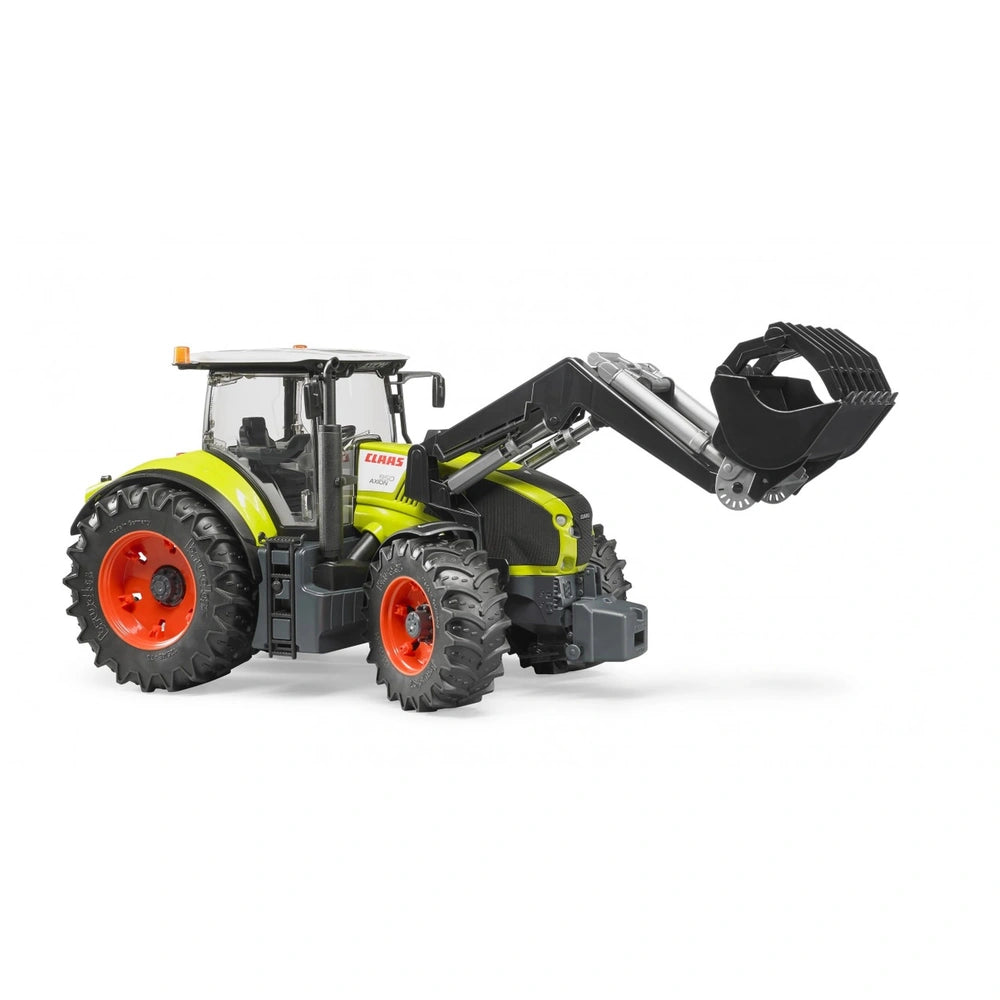 Green and black Claas Axion 950 toy tractor with frontloader, large red wheels, and detailed cab.