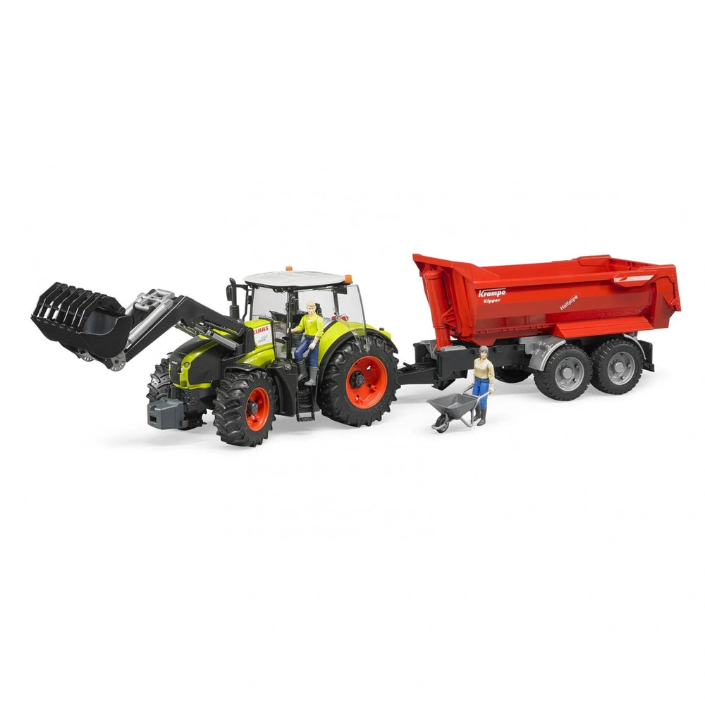 Bruder Claas Axion 950 tractor with frontloader in green, attached to a red Krampe trailer, featuring two small figures.