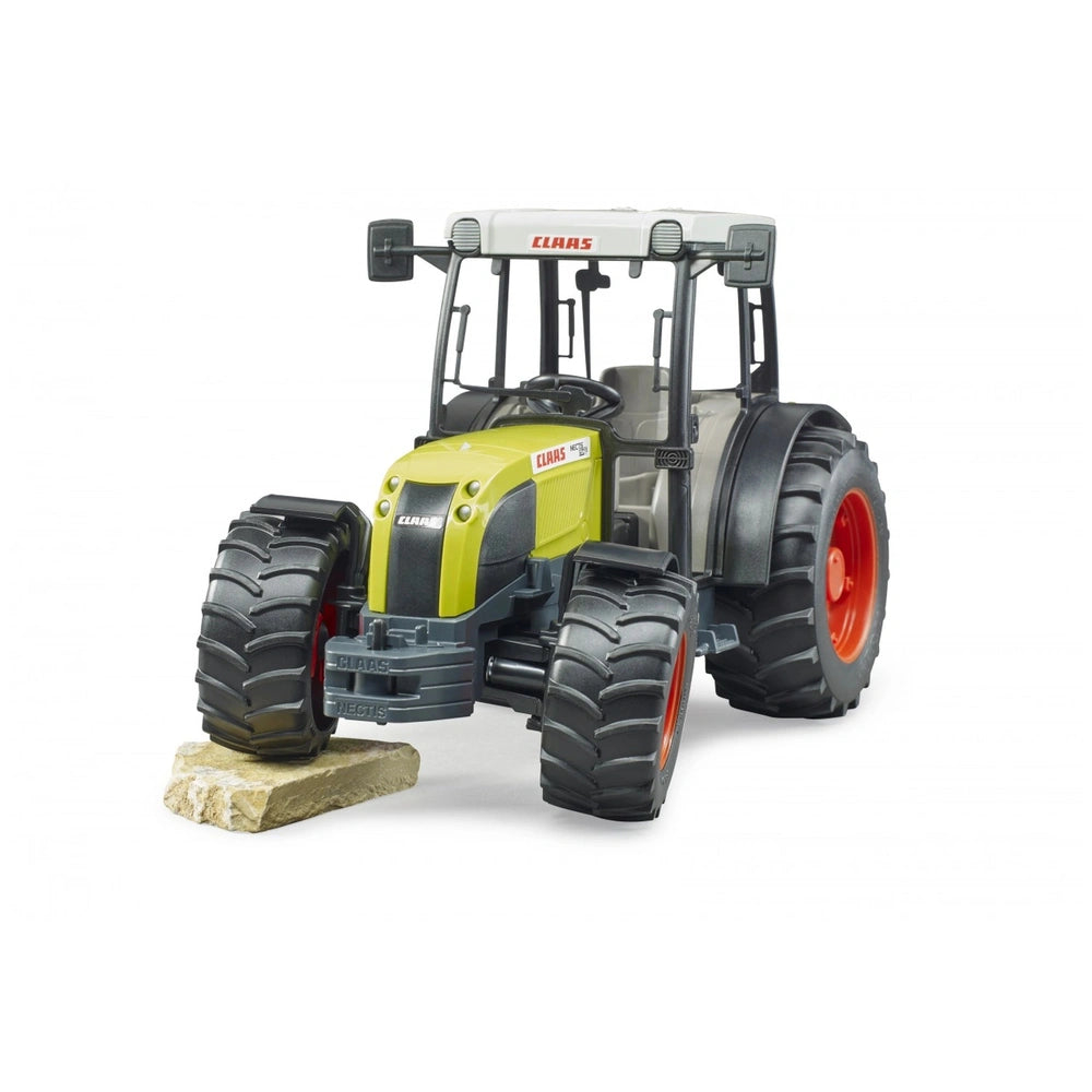 Bruder Claas Nectis 267 F toy tractor with treaded tires and detachable front loader on a white background.