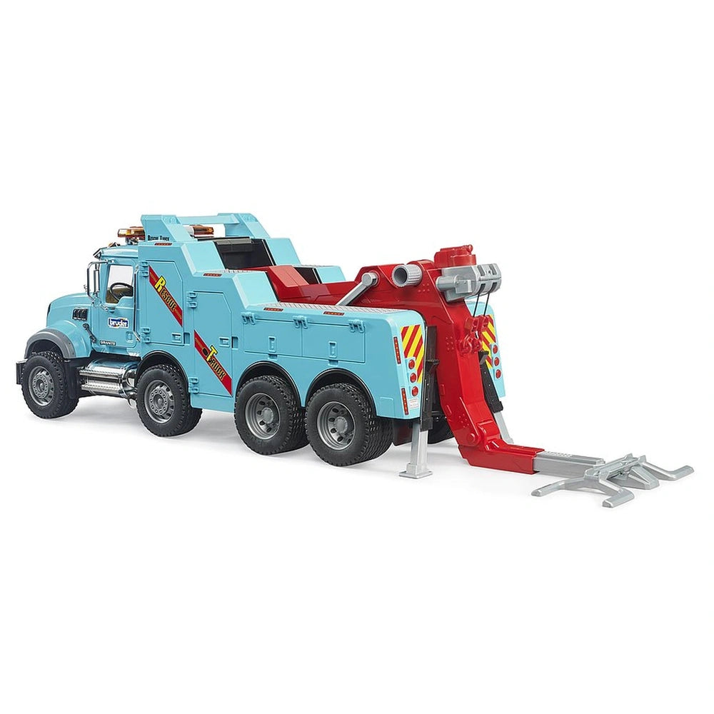 Blue and red toy MACK Granite recovery truck with six wheels, towing arm extended, designed by BRUDER for imaginative play.
