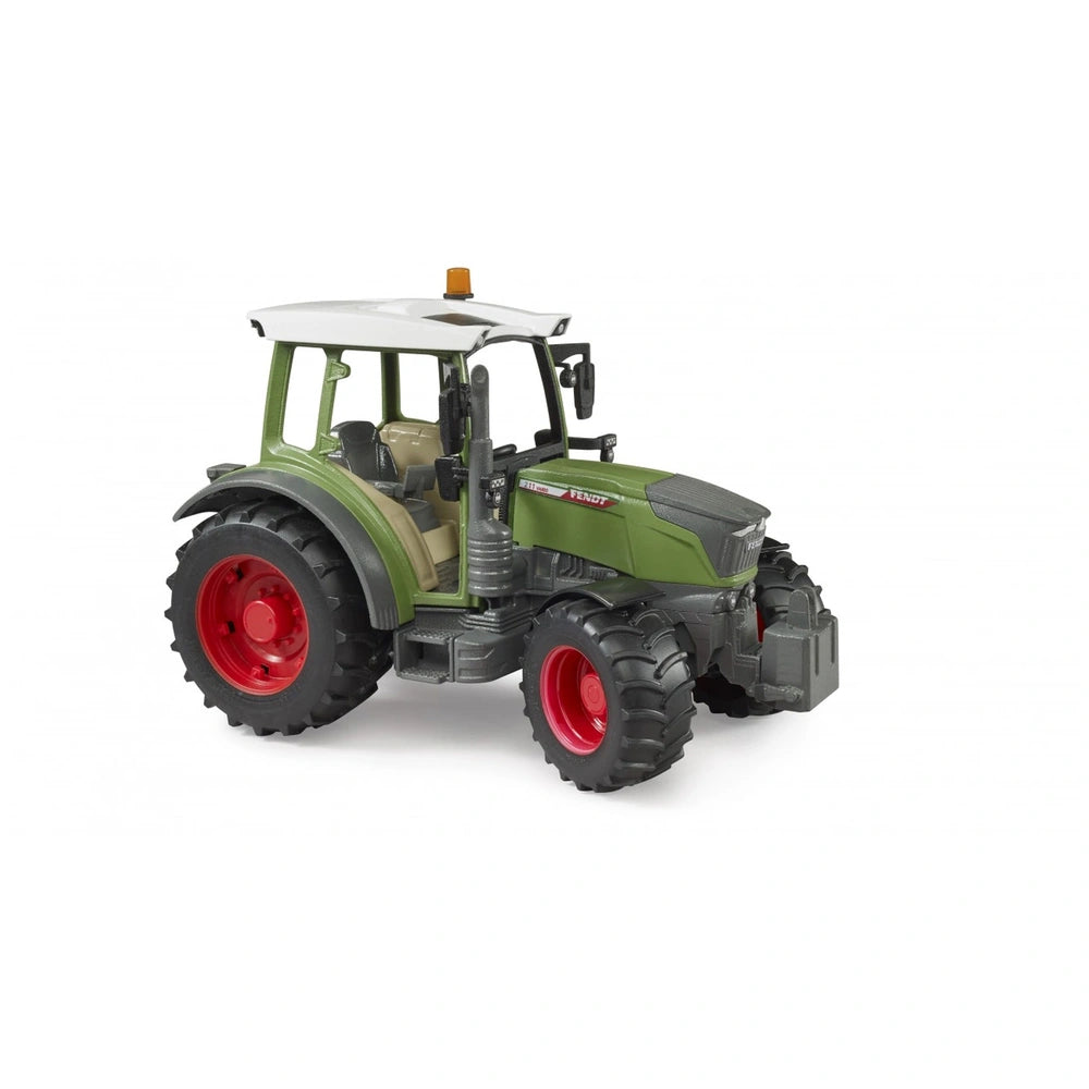 Green and grey Bruder Fendt Vario 211 play vehicle with red wheels and a white roof, angled right on a white background.