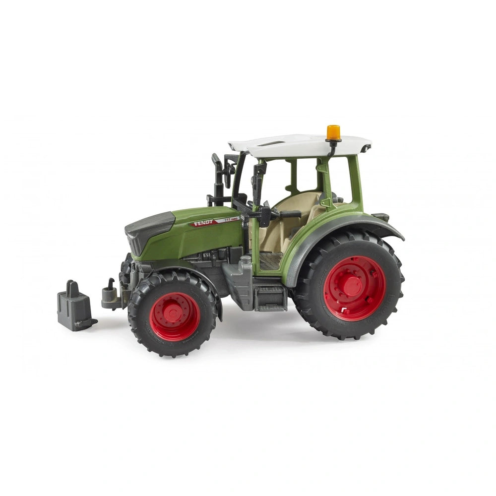 Bruder Fendt Vario 211 toy tractor, green body, red wheels, white roof, side view.
