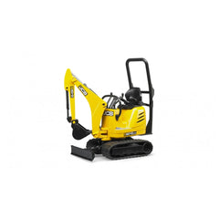 Yellow Bruder JCB Micro Excavator 8010 CTS toy with tracked chassis, swiveling arm, and detachable bucket on white background.