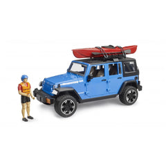 Blue Jeep Wrangler toy with detachable kayak and kayaker figure, showcasing off-road and adventure play features.
