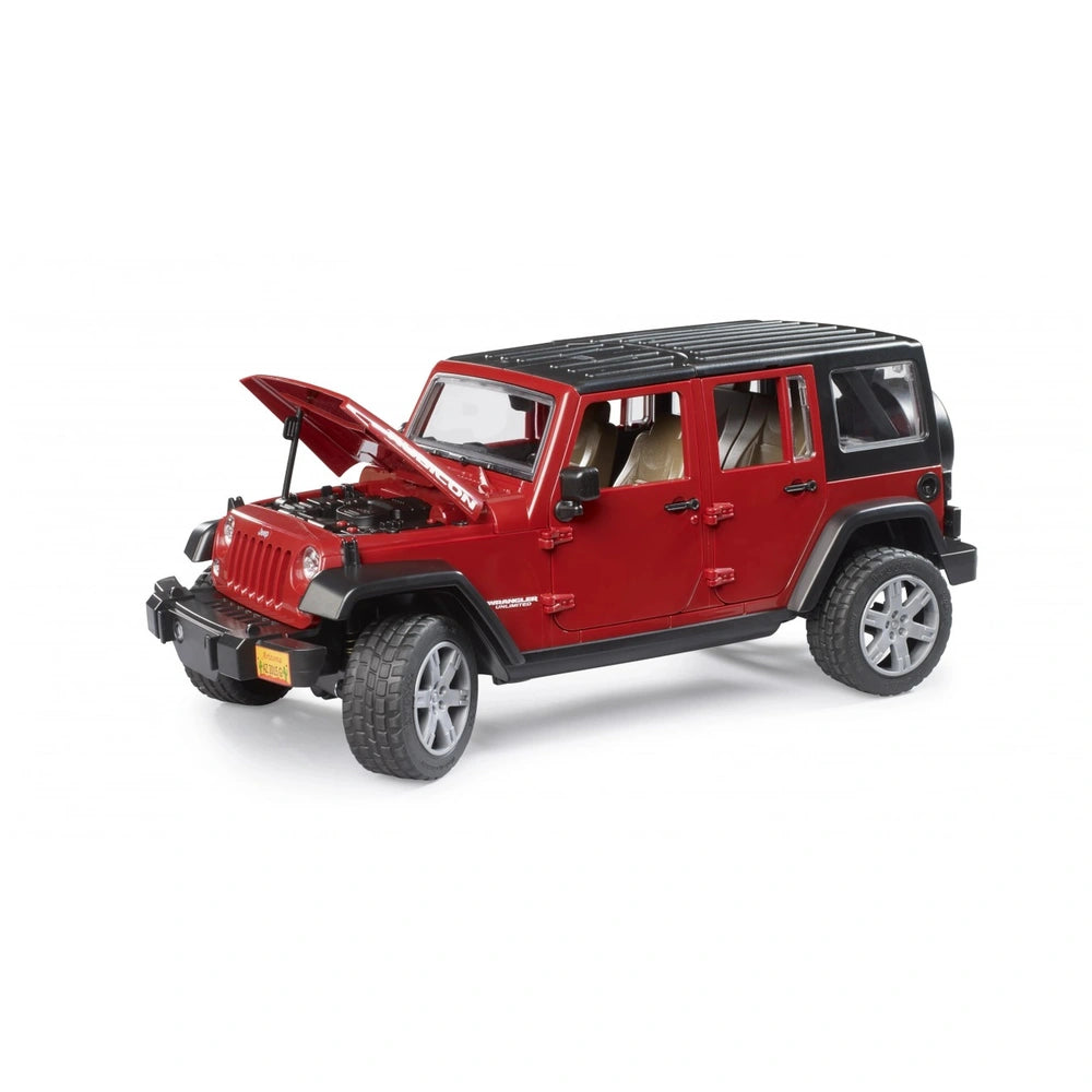 Red Bruder Jeep Wrangler Unlimited Rubicon toy with an open hood, rugged tires, and detailed interior design.