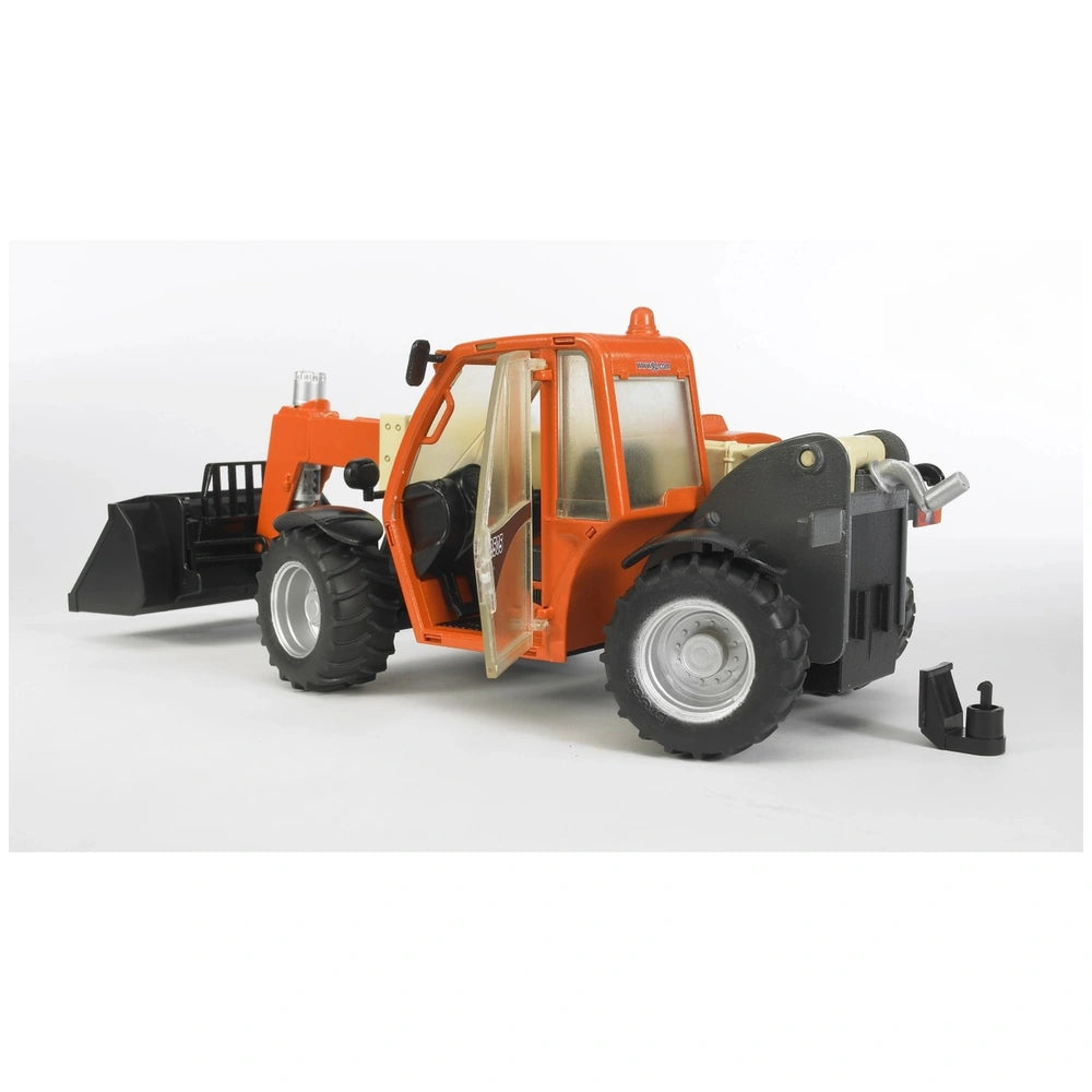 Orange Bruder JLG 2505 Telehandler toy with telescopic arm extended, visible from side, showcasing intricate details.
