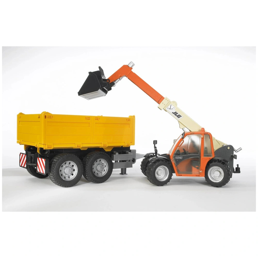 Orange Bruder JLG 2505 Telehandler lifting with extendable arm beside a yellow construction trailer.