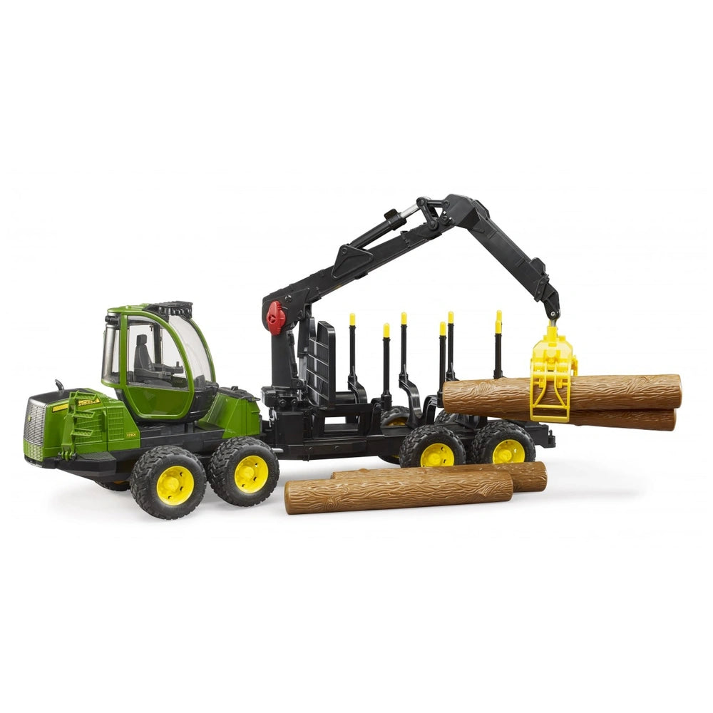 Bruder John Deere 1210E Forwarder toy with crane and four logs, showcasing realistic forestry equipment in green and yellow.