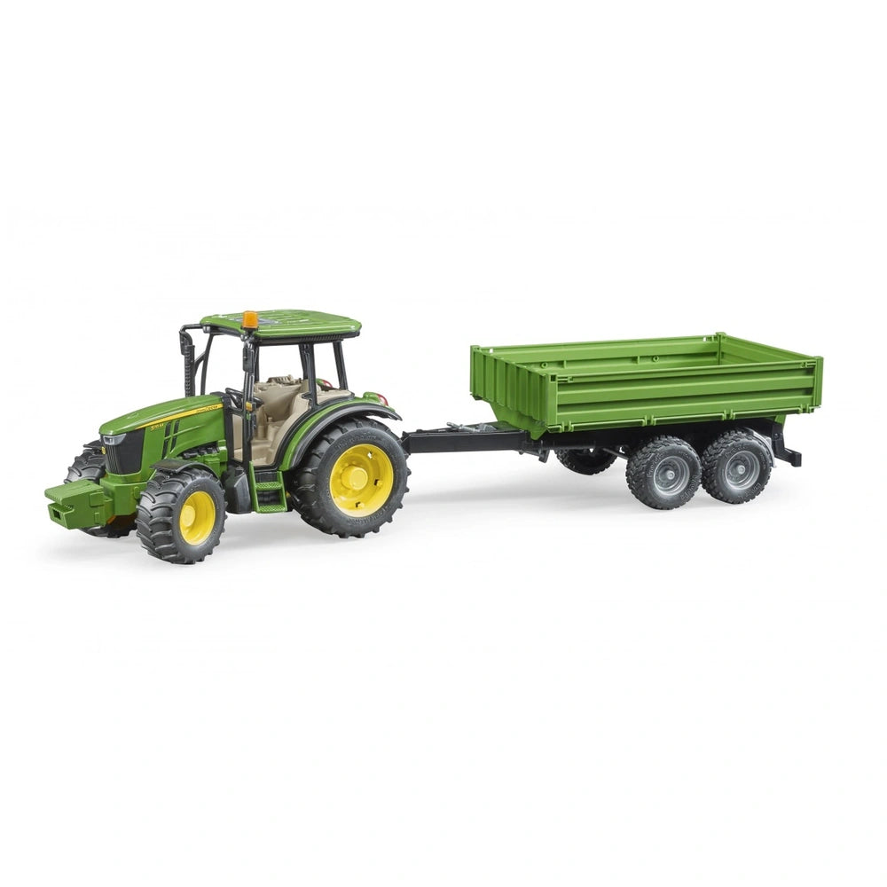 Green John Deere 5115 M toy tractor with tipping trailer, featuring realistic details and detachable front weight.
