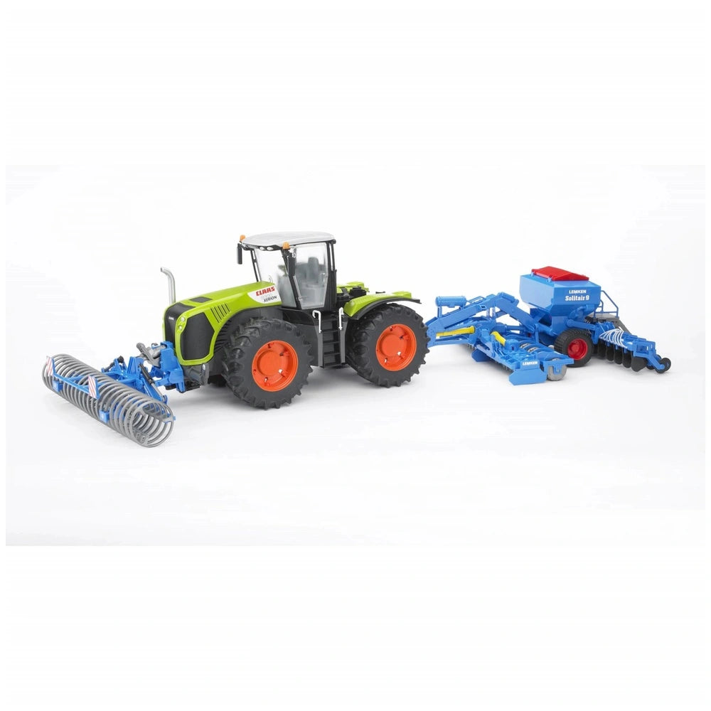 Bruder Lemken Front Furrow Press toy tractor in green and blue, with functional rollers, on a white background.
