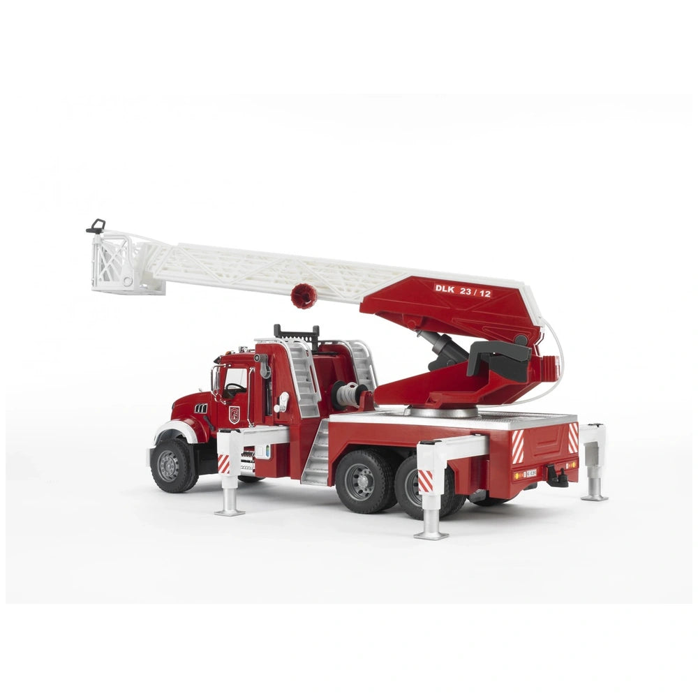 Red toy fire engine with extendable white ladder and stabilizing outriggers on a white background.
