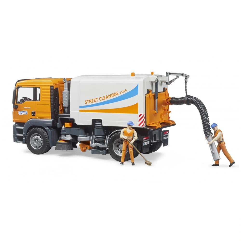 Orange and white toy street sweeper with two figures; features realistic details like hoses and brushes. Ideal for imaginative play.