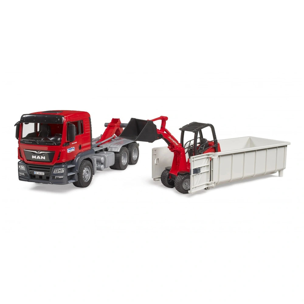 Red MAN TGS truck and Schäffer loader with white roll-off container on white background.