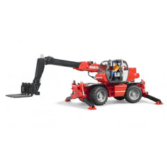 Red Bruder Manitou MRT 2150 toy telehandler with extendable arm and operator, featuring realistic design and movable forks.