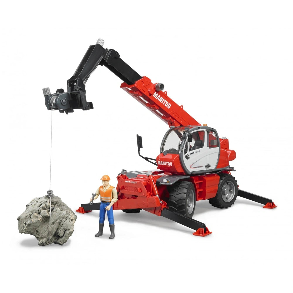 Red Bruder Manitou MRT 2150 toy telehandler with extendable arm lifting a large rock; includes a construction worker figure.