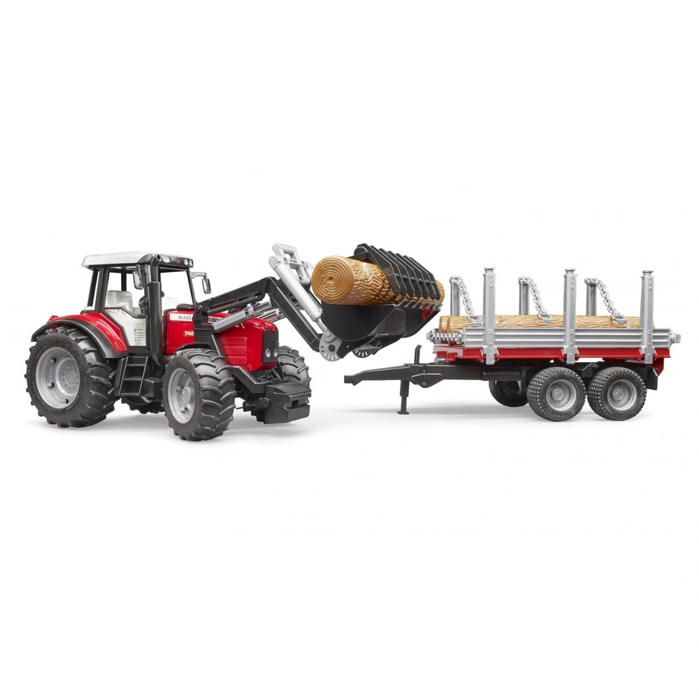 Red Massey Ferguson tractor with front loader lifting logs onto timber trailer.