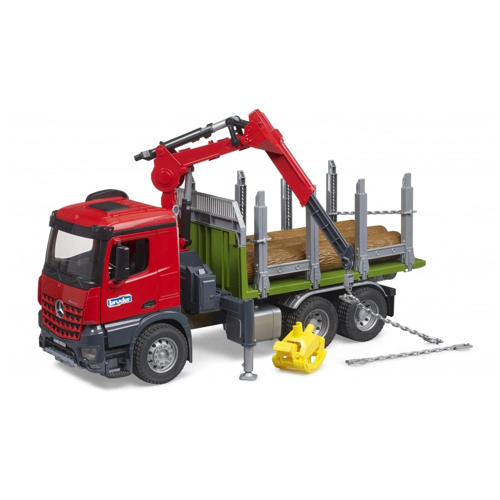 Red Bruder MB Arocs Timber Truck toy with loading crane, green flatbed carrying logs, and yellow grab tool.