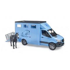 Blue Bruder MB Sprinter toy vehicle with a horse decal, featuring a foldable ramp and a black horse model beside it.