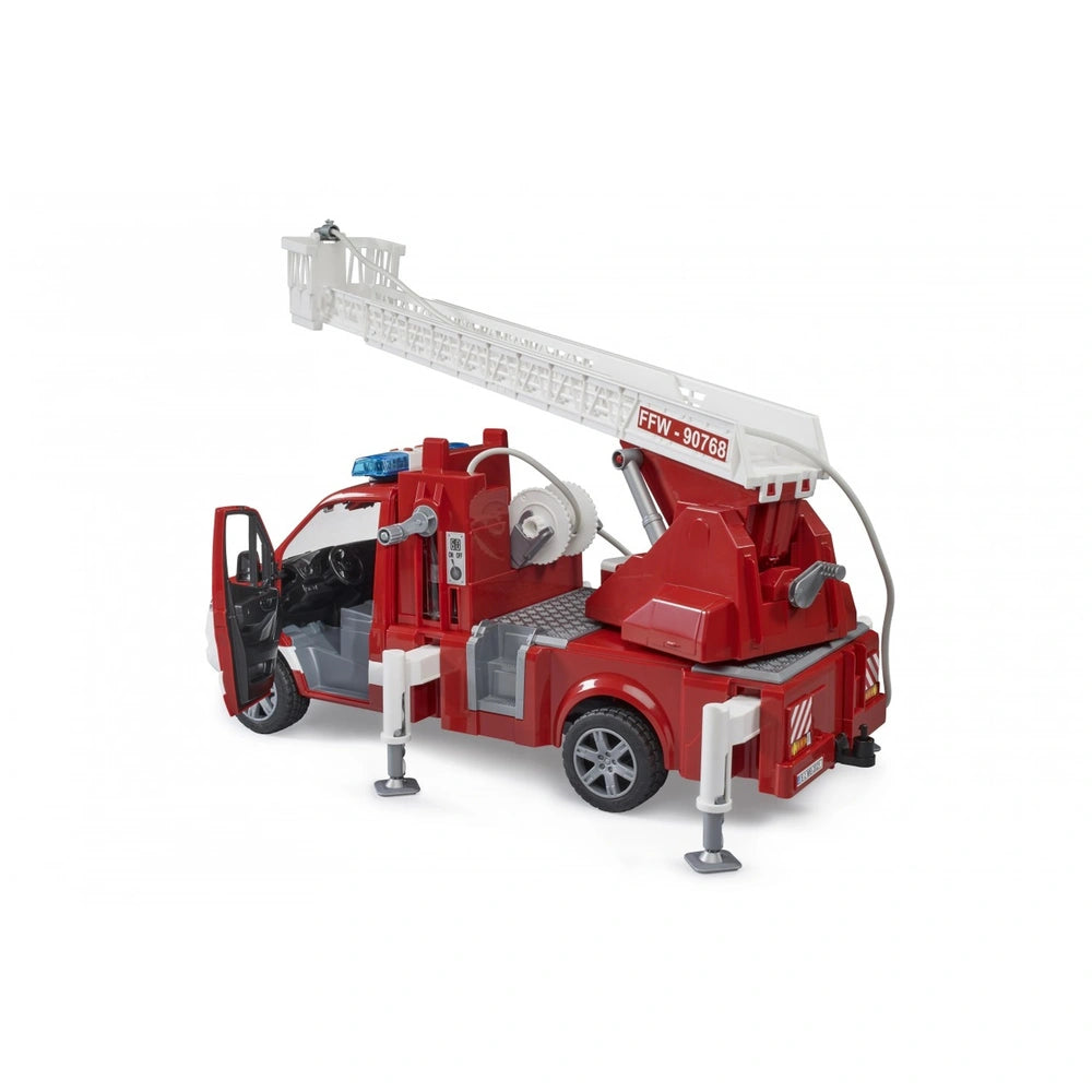 Bruder MB Sprinter Fire Truck with extended white ladder, red body, and open driver's door.