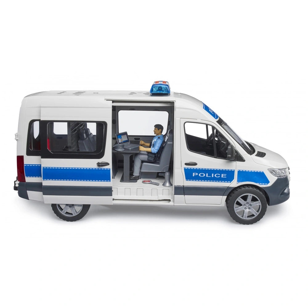 White police van with blue stripes, a side door open showing an officer figure inside, detailed interior visible.