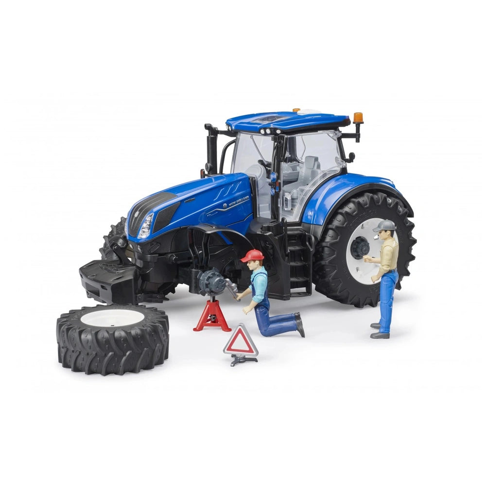 Blue New Holland T7 315 toy tractor with two figures replacing a wheel, showcasing realistic farm machinery features.