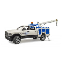 Bruder RAM 2500 Service Truck with blue compartments and a rotating beacon, featuring an extendable crane.
