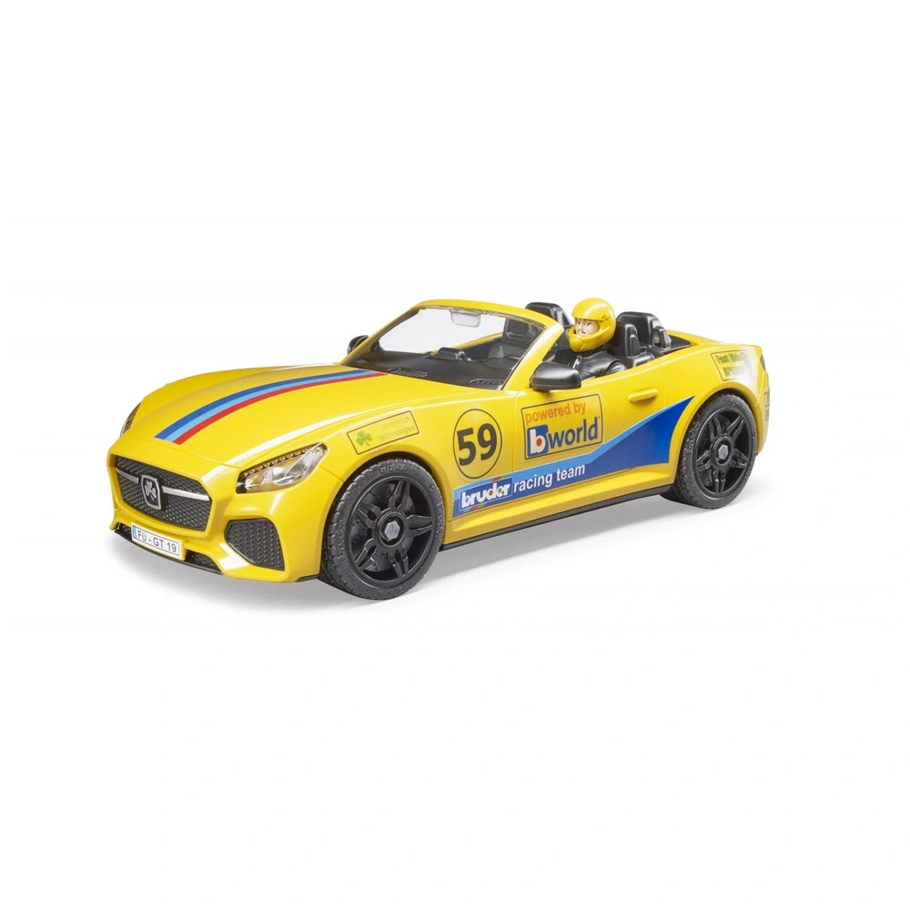 Yellow Bruder Racing Team roadster with decals, number 59, and driver in helmet. Black tires, sleek design, on white background.