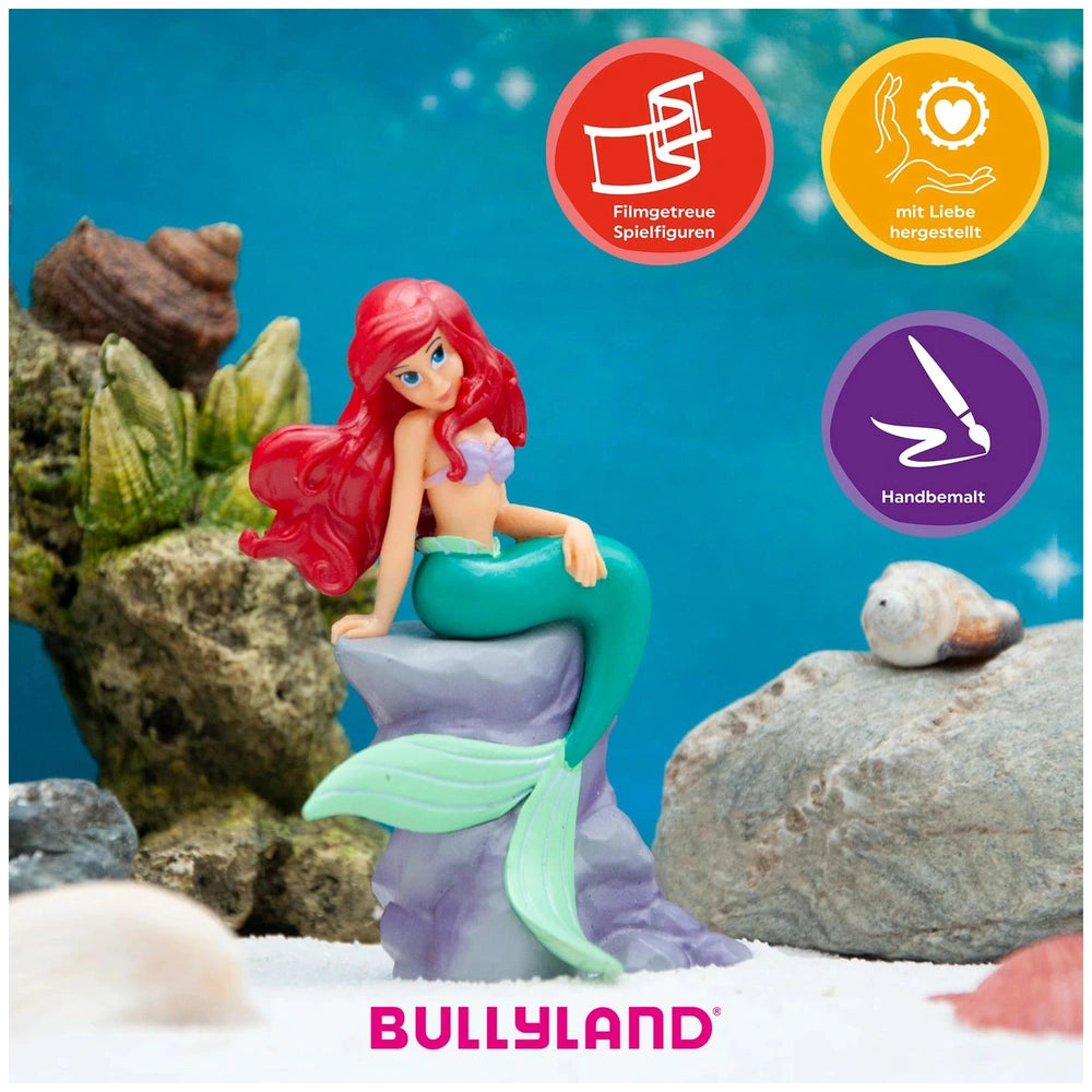 Bullyland Disney Ariel toy figure showcases a green tail, red hair, and blue bikini, packaged for retail display.