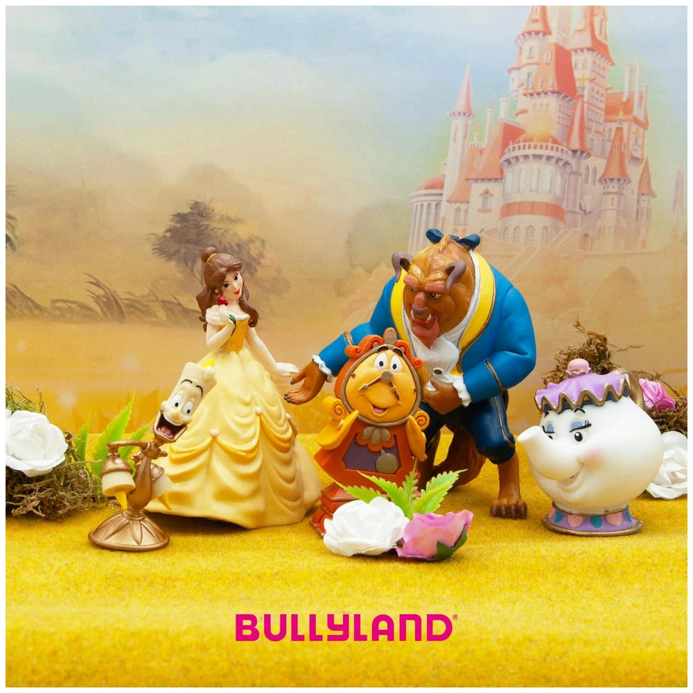 Bullyland Belle toy figure in a yellow dress, surrounded by a bear in blue attire and a dog in yellow, set against a pastel b