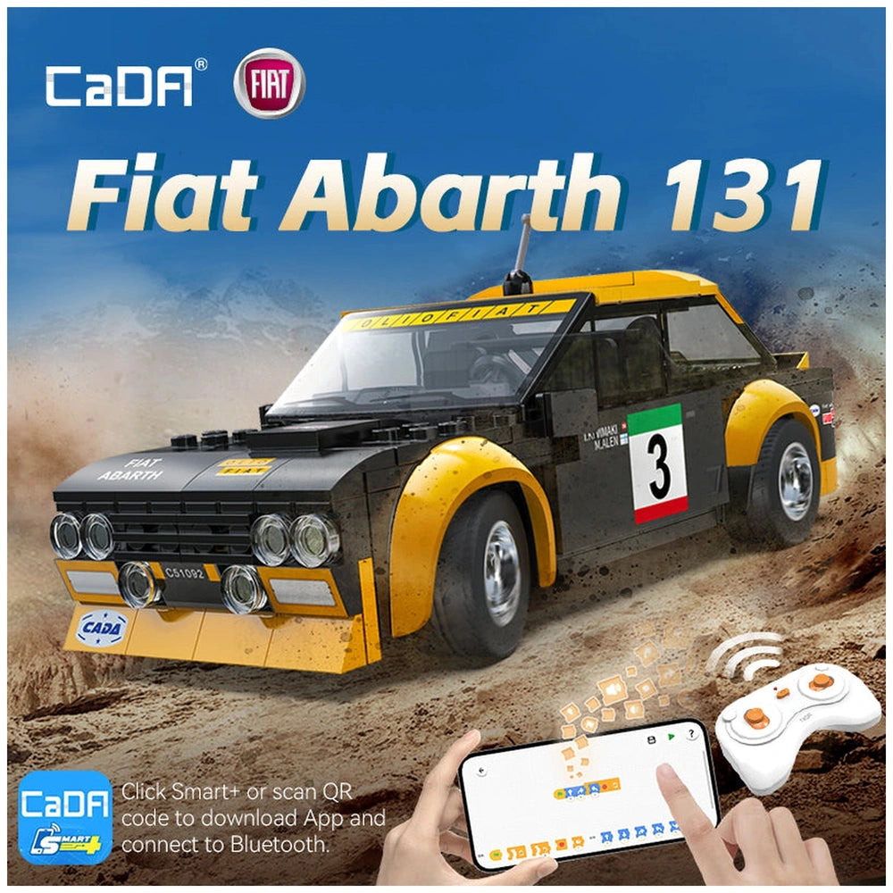 CaDA Blade Fiat Abarth 131 construction set toy features a shiny yellow and black car with rubber tires and metallic wheels.