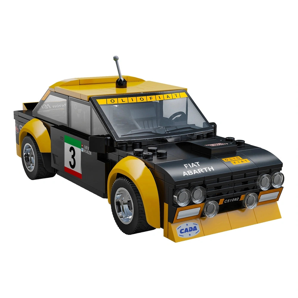 CaDA Blade Fiat Abarth 131 construction set features a plastic car with a yellow roof and black-yellow body panels.