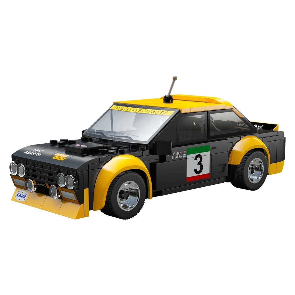 CaDA Blade Fiat Abarth 131 construction set features a black body with yellow accents, tinted windows, and shiny wheels.