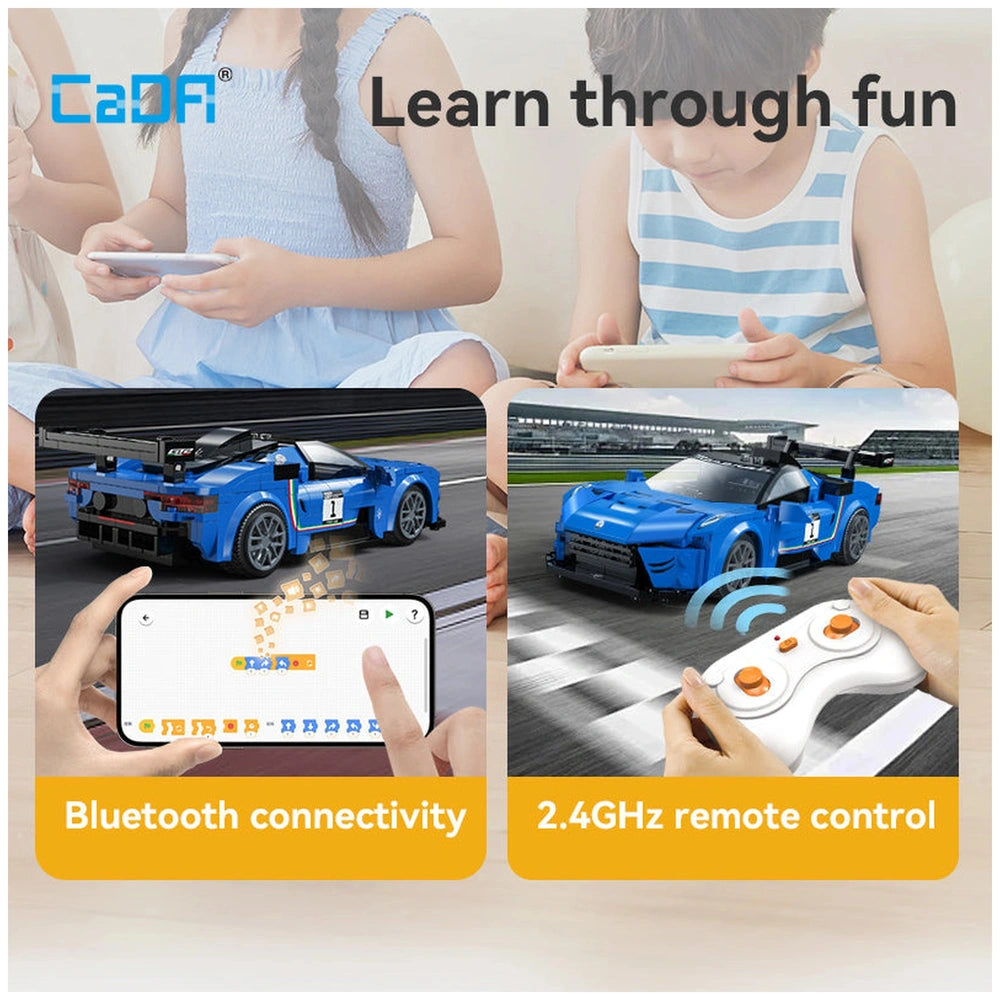 CaDA Blade Maserati GT2 controller set displayed on smartphone and tablet, with a child in a blue dress interacting with it.
