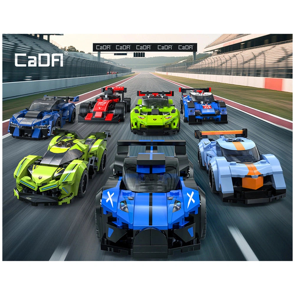 CaDA Chrono Blade Car C55056W set features five glossy cars in green, blue, red, and black on an asphalt track.