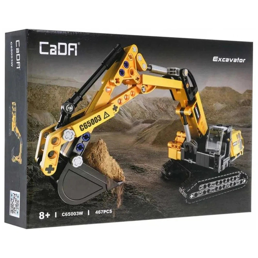 CaDA Excavator 360 Rotation construction set in yellow, displayed in a black matte packaging with a clear plastic window.