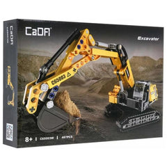 CaDA Excavator 360 Rotation construction set in yellow and black, displayed in cardboard packaging with a clear plastic windo
