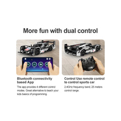 CaDA GT Sport Car construction set features a black and white car, remote control, and smartphone with Bluetooth interface.