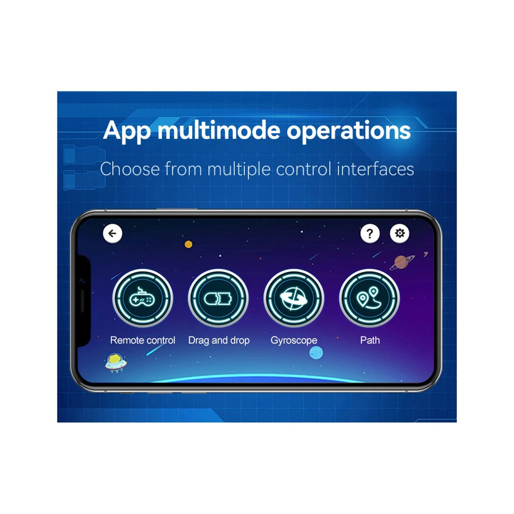 CaDA GT Sport Car construction set toy displayed with a smartphone showing a dark blue interface and starry background.