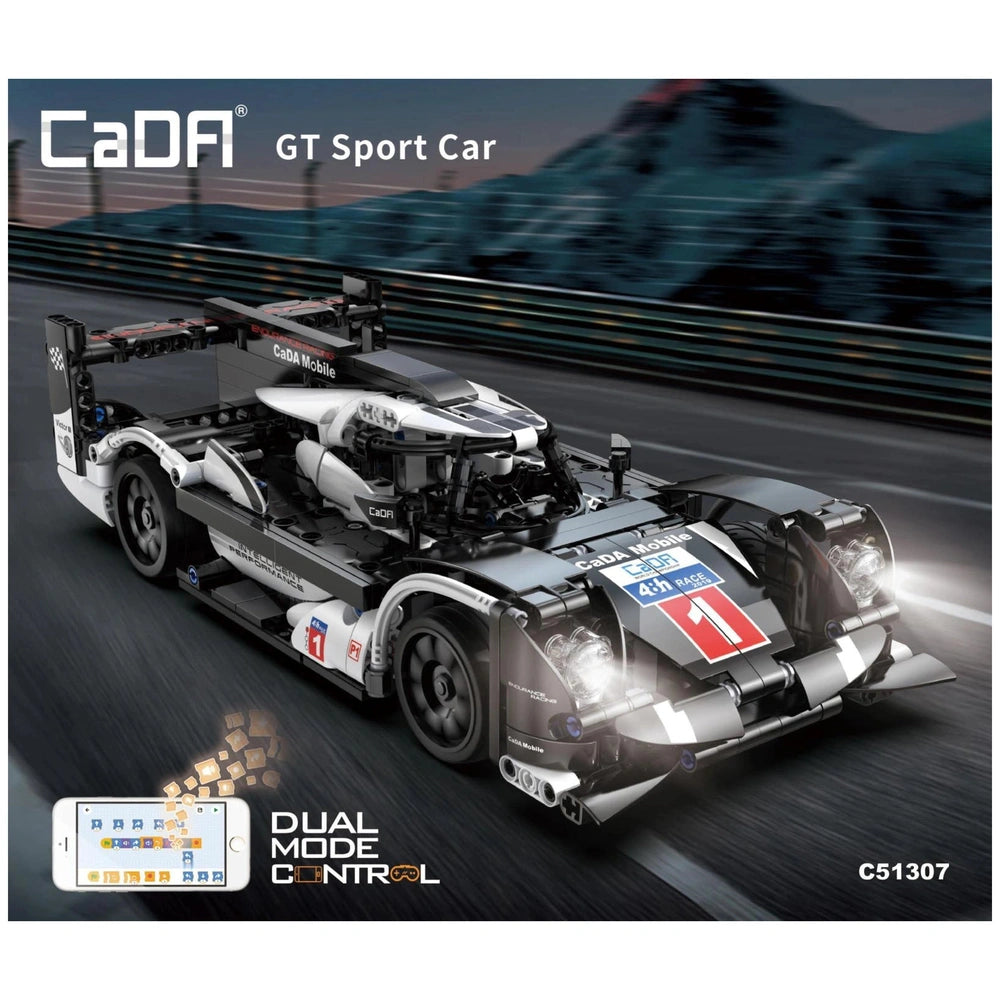 CaDA GT Sport Car construction set features a glossy body, matte wheels, and reflective headlights with bold number "1".