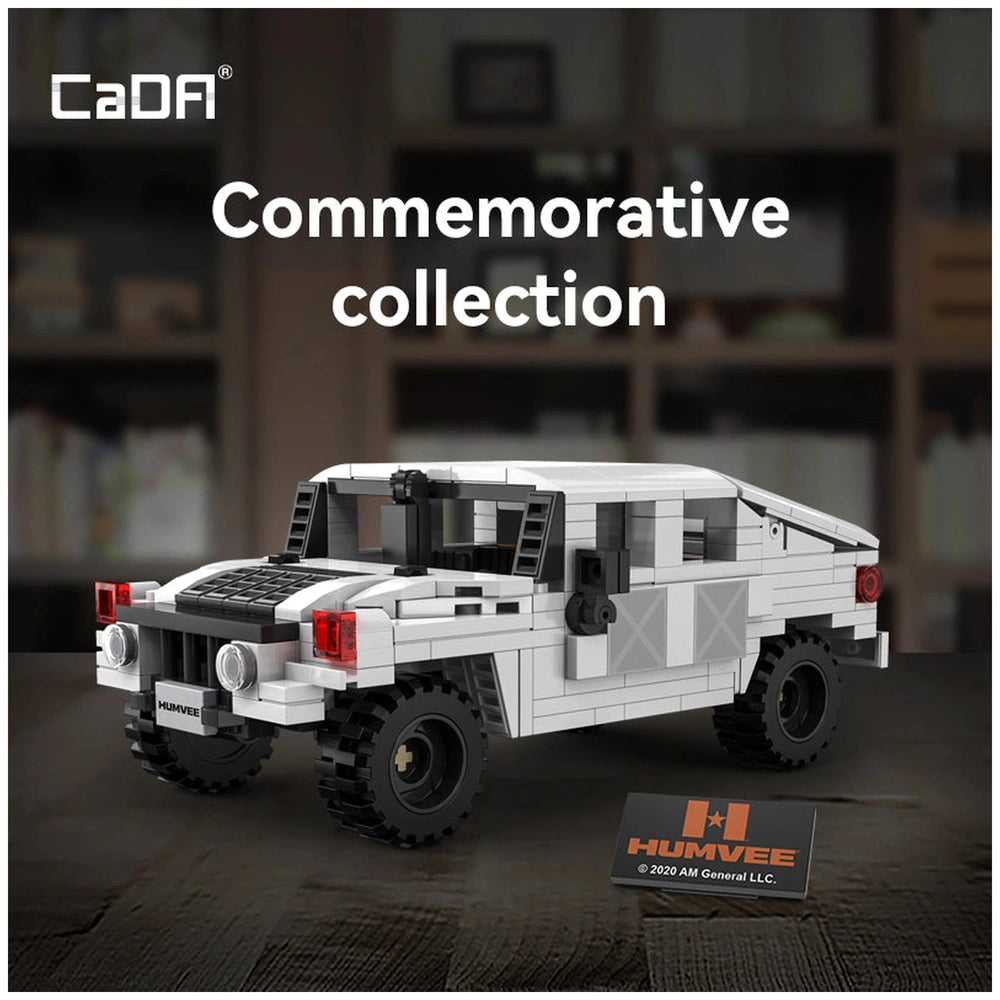 CaDA Humvee C-Series car construction set features a white and black LEGO truck with red headlights and multiple wheels.