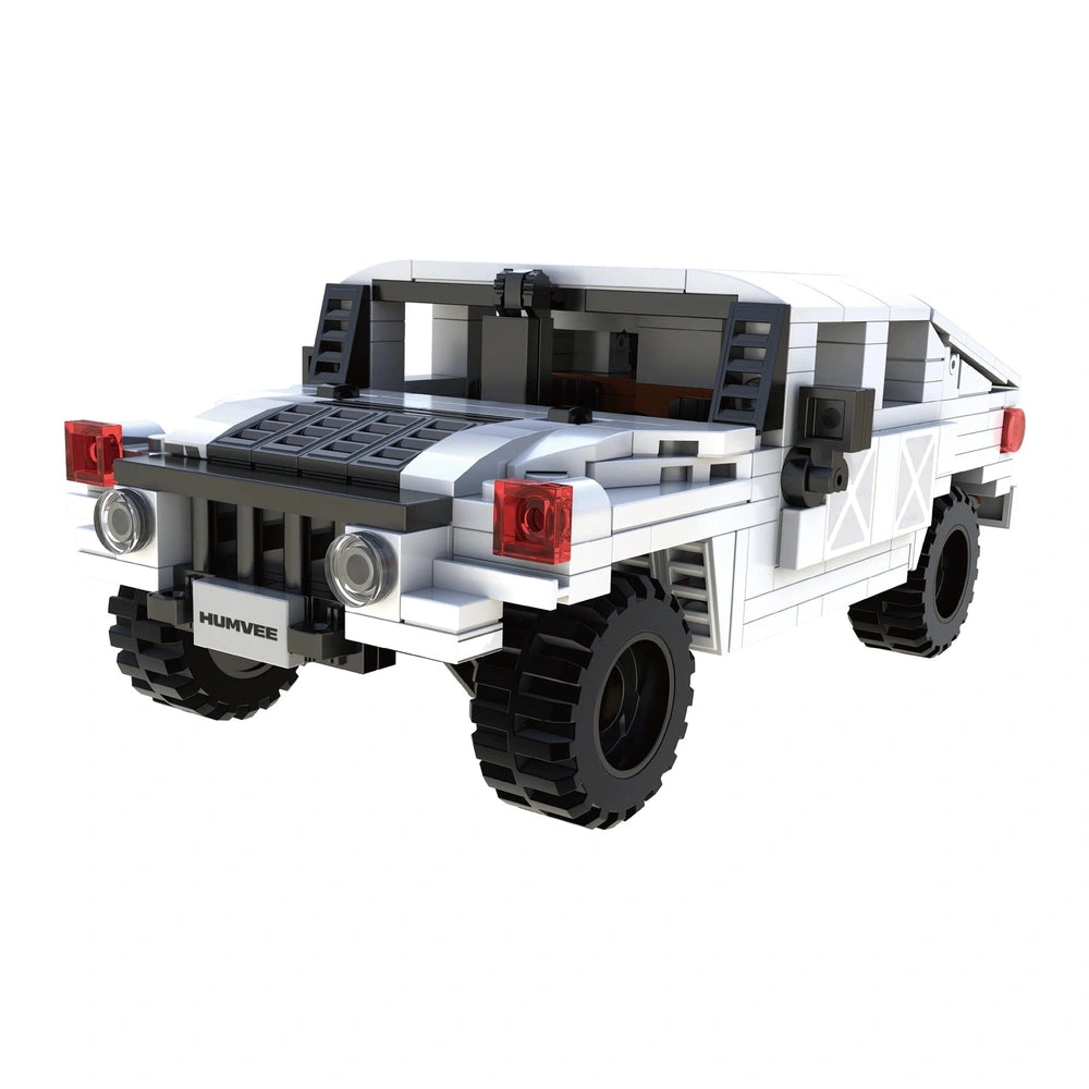 CaDA Humvee C-Series car construction set featuring a white plastic body, black wheels, and red lights in a front view.