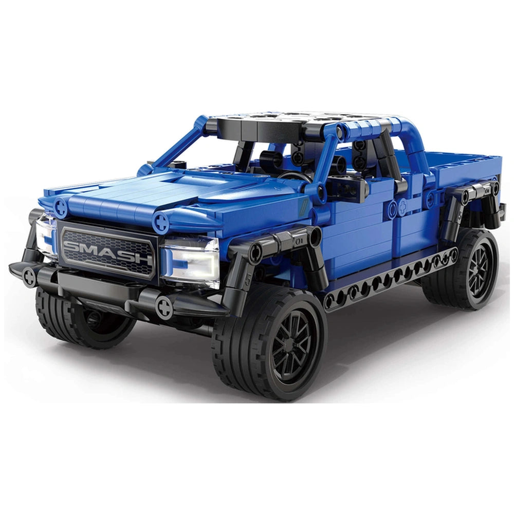 CaDA Smash Off-Roader Pickup features a blue plastic body, black wheels, and clear windows, showcasing detailed construction 
