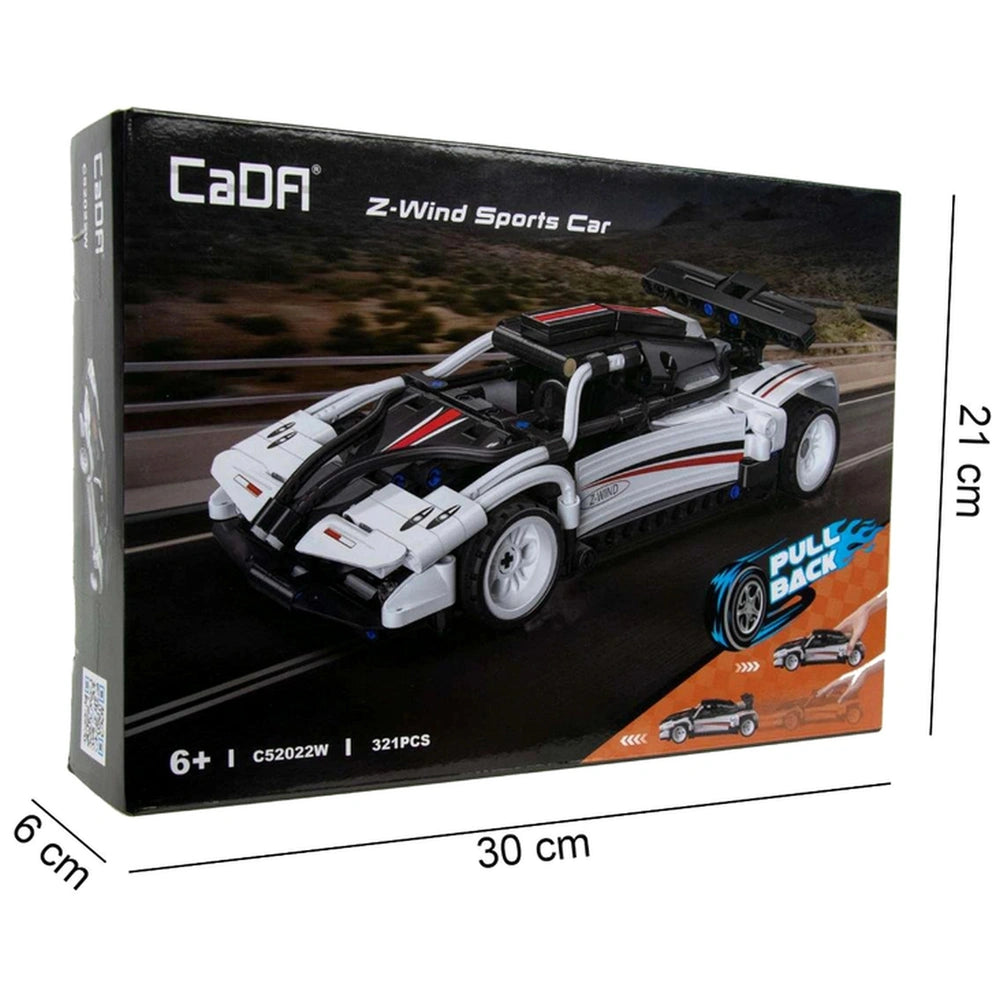 CaDA Z-Wind Sports Car construction set packaging features a white car with red and black accents on a black background.